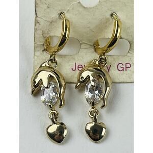 14K Yellow Gold Dolphin Earrings Dangle Rhinestone GP Vintage Hearts on Card ton